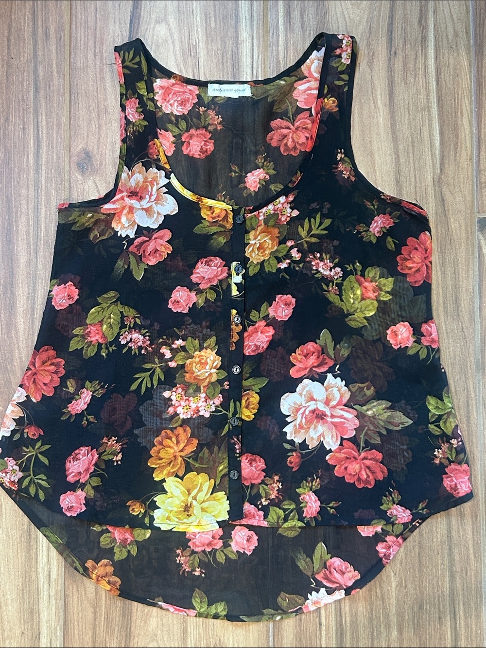 Ambiance Apparel Sheer Floral Tank Top Black Sleeveless Button Front Blouse